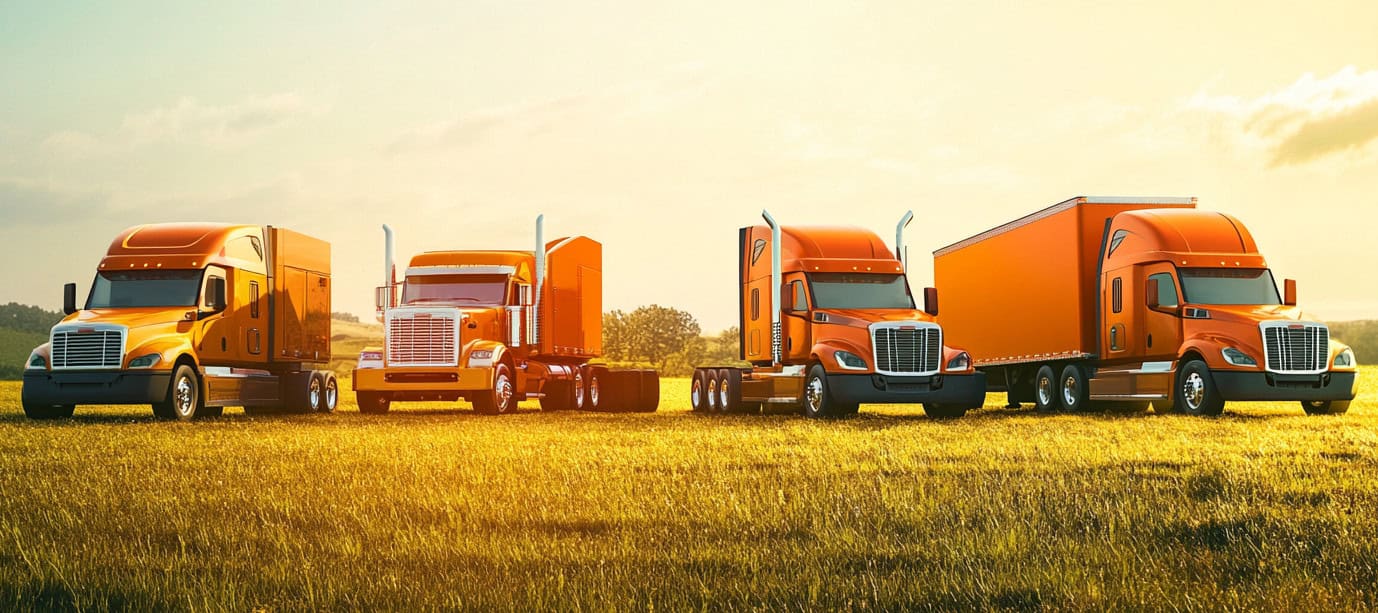 Quatre camions orange dans un champ ensoleillé. Transport routier.