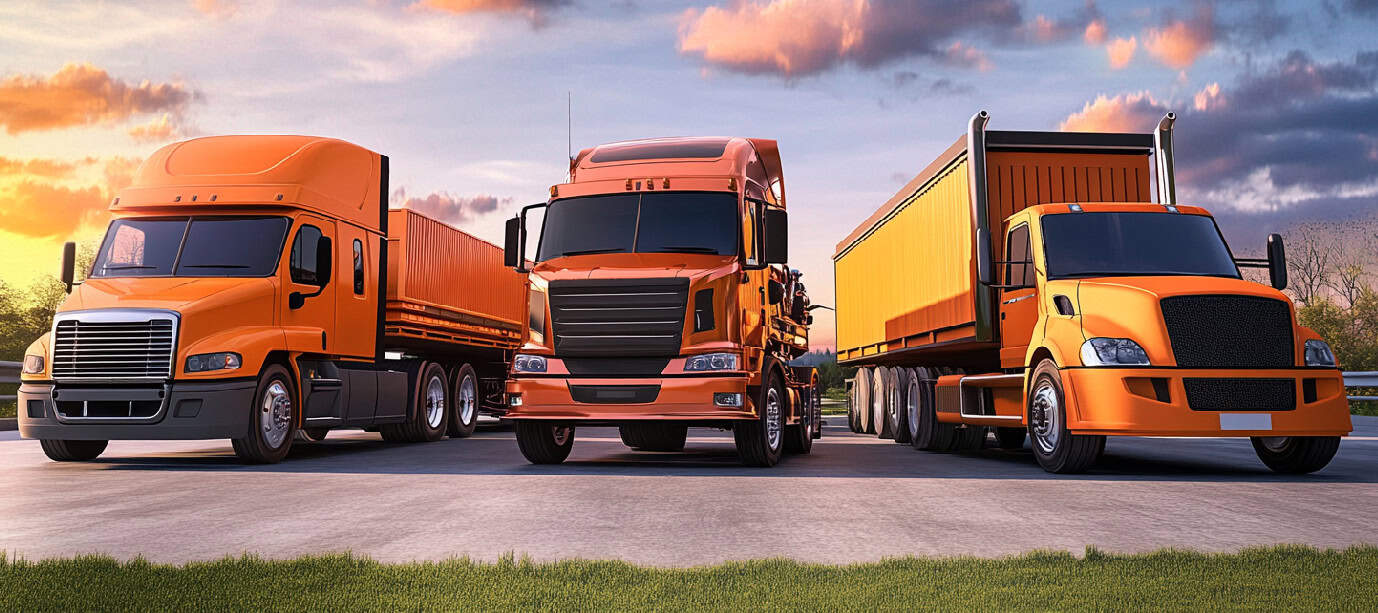 Camions orange alignés au coucher du soleil. Transport routier.