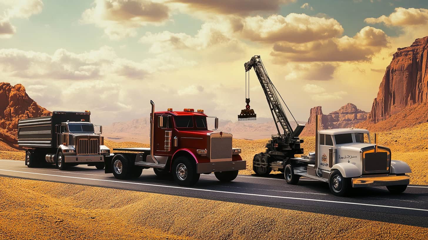 Trois camions lourds sur une route désertique, dont un avec une grue.